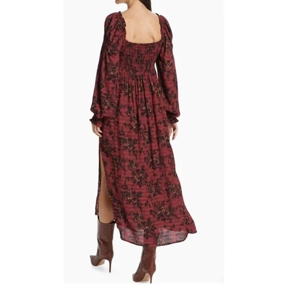 Free People Jaymes Floral Smocked Midi Dress Small Boho Cottagecore Prairie Long - Picture 2 of 6